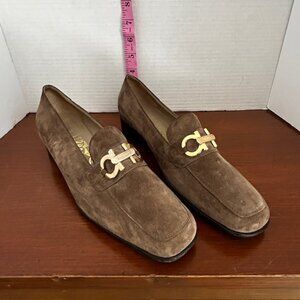 Salvatore Ferragamo Brown Suede Loafers w/ Gold Gancini Hardware – Made in Italy